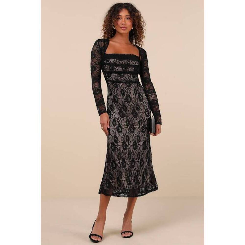 Lulus Certainly Iconic Black Lace Midi Dress And Shrug Set - Size XL